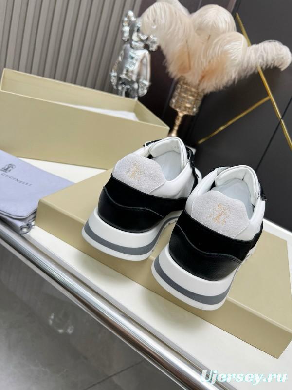 2024 Unisex Brunello Cucinelli Black White Suede Calfskin Leather Sneakers MJ00360