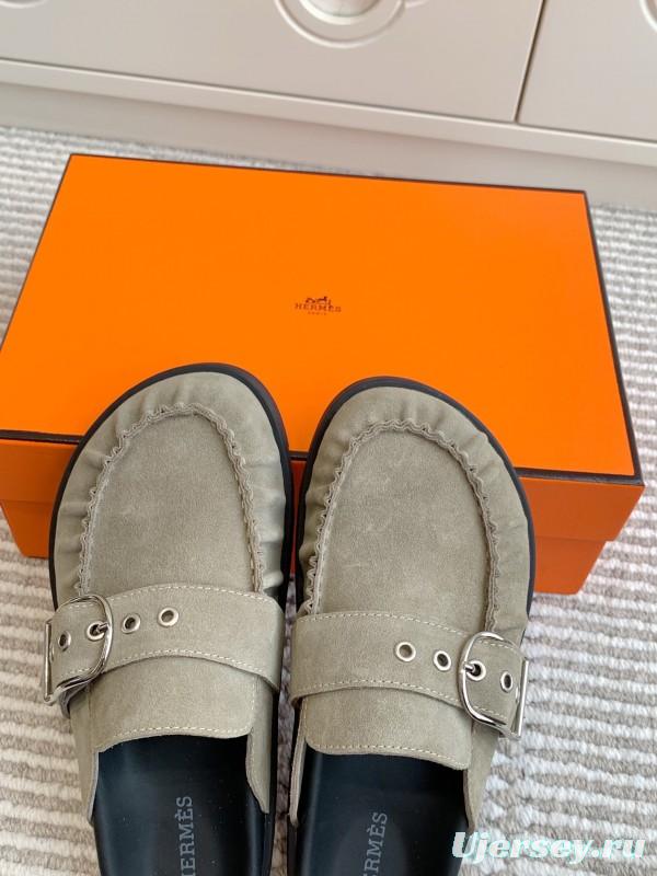 2025 Women Hermès Grey Suede Mule Shoe KFY00290