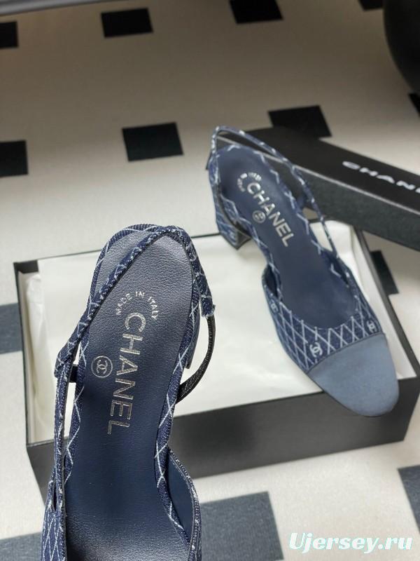 2025 Women Chanel Blue Denim Leather Sling-back Heels