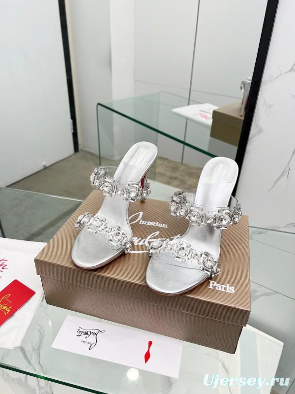 2025 Women Christian Louboutin Silver Leather High Heel Sandals Diamond Decoration LY00300