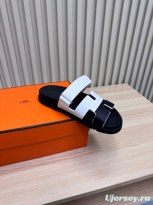 2025 Slippers Hermès White Black Leather Slippers