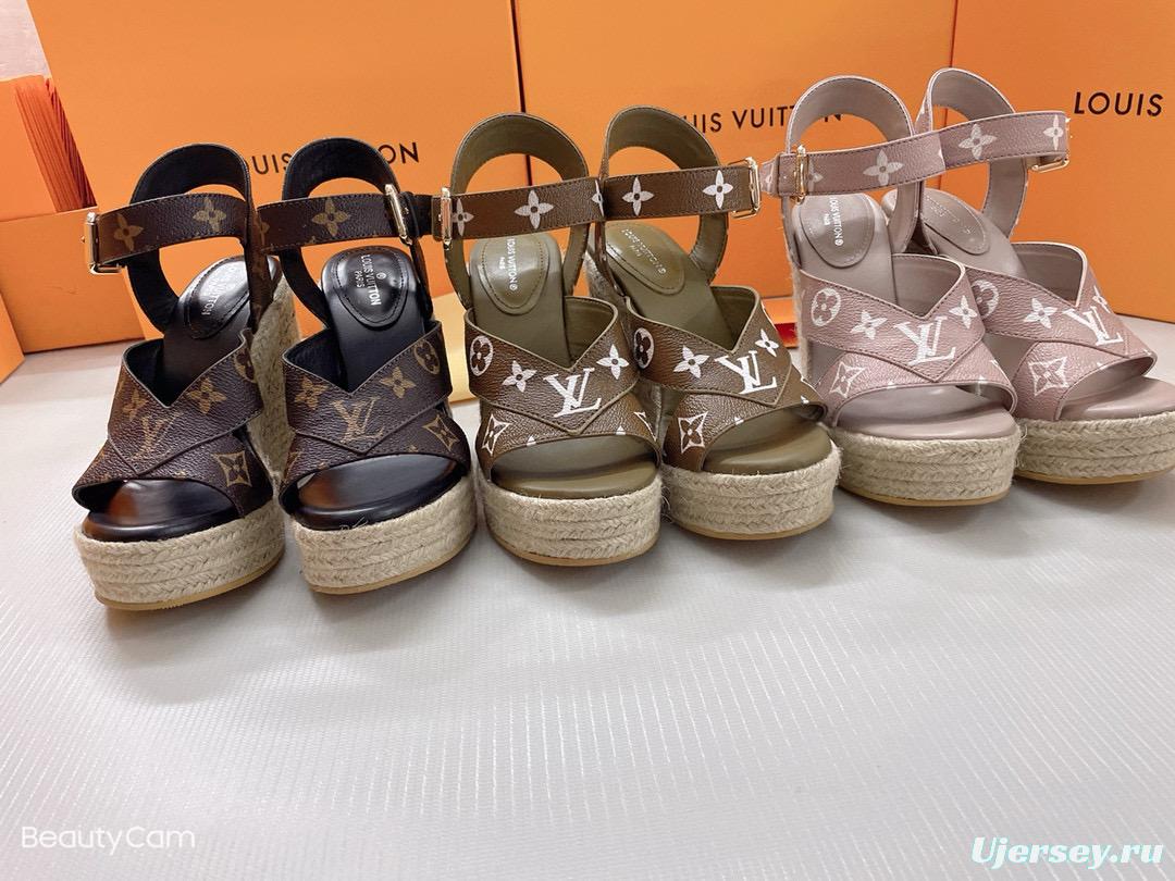 2025 Women Louis Vuitton Brown Leather Denim Espadrilles Wedge Sandals MJ00280
