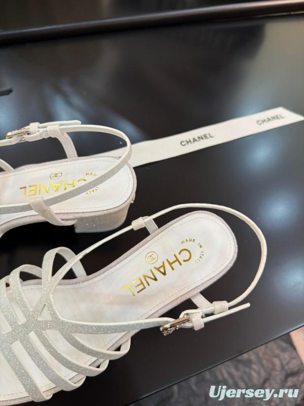2025 Women Chanel White Leather Sandals