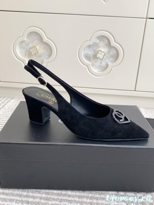2025 Women Chanel Black Suede Slingback Heels CC Logo KFY00300