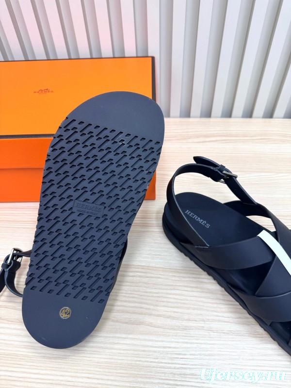 2025 Slippers Hermès Black Leather Sandals