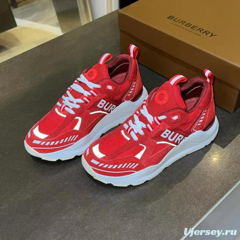 2025 Unisex Burberry Red Suede Leather Mesh Platform Sneakers MJ00380