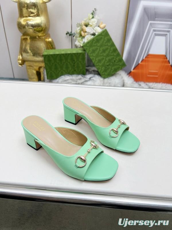 2025 Women Gucci Green Leather Heeled Slippers MJ00180