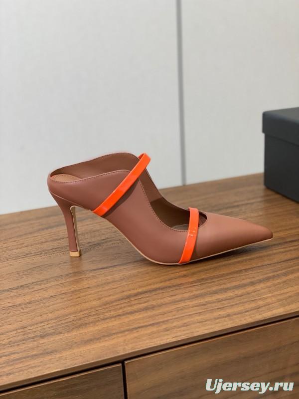 2025 Women Malone Souliers Brown Orange Leather Patent Leather Mid Heel Pumps