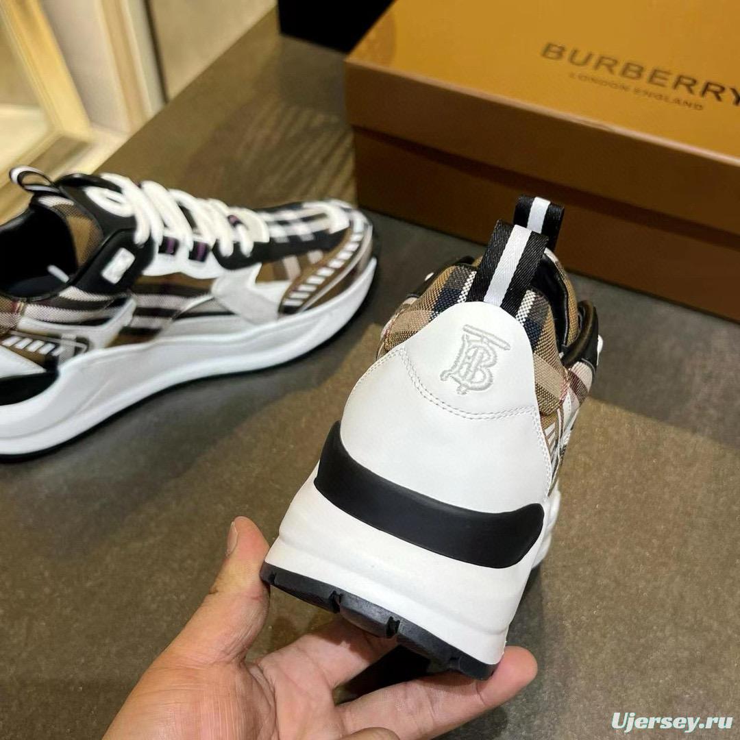 2025 Unisex Burberry Brown White Black Cotton Calfskin Suede Sneakers Check MJ00380(W/M)