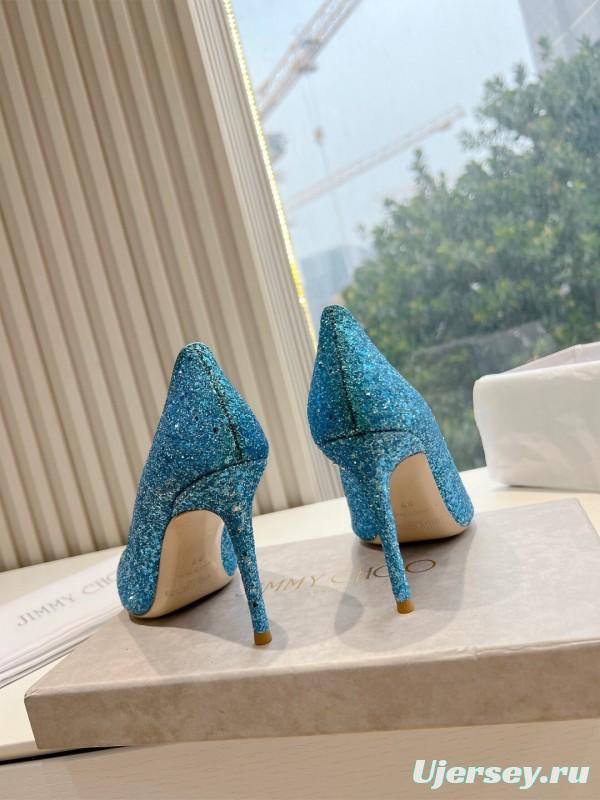 2025 Women Jimmy Choo Blue Glitter Leather Pumps