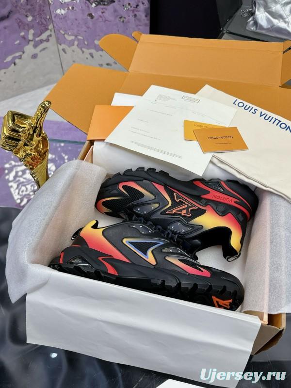 2025 Men Louis Vuitton Black Yellow Orange Mesh Leather Sneakers MJ00420