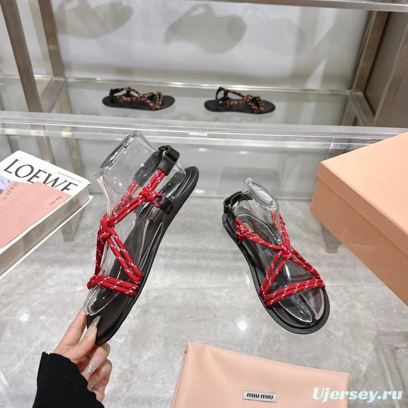 2025 Women Miu Miu Red Black Leather Rope Sandals KFY00200