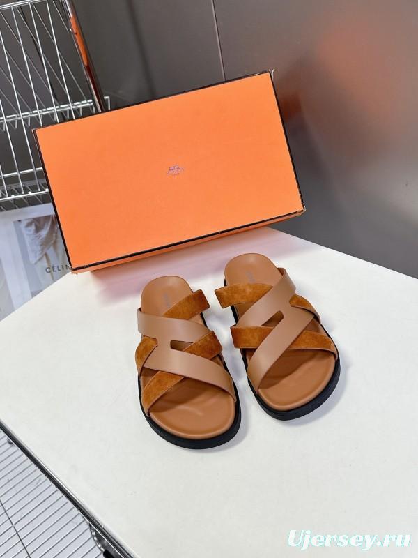 2025 Slippers Hermès Brown Suede Leather Slippers