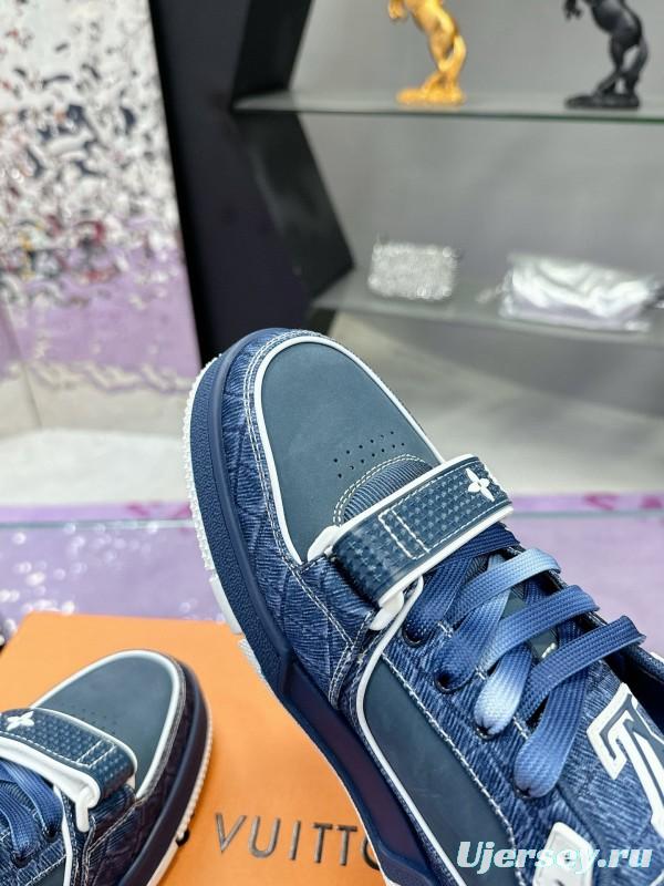 2024 Men Louis Vuitton Blue Denim Calfskin Silk Plimsolls Washed MJ00410