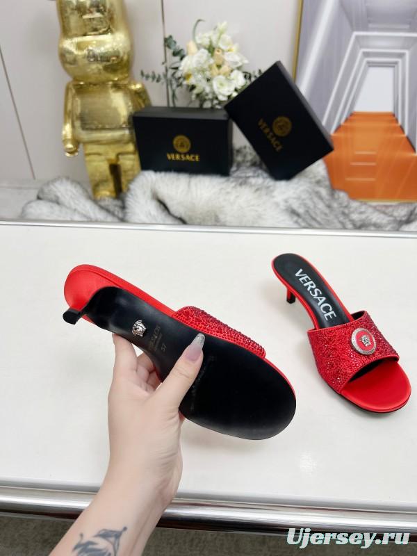 2025 Women VERSACE Red Silk Rhinestone Kitten Heel MJ00230