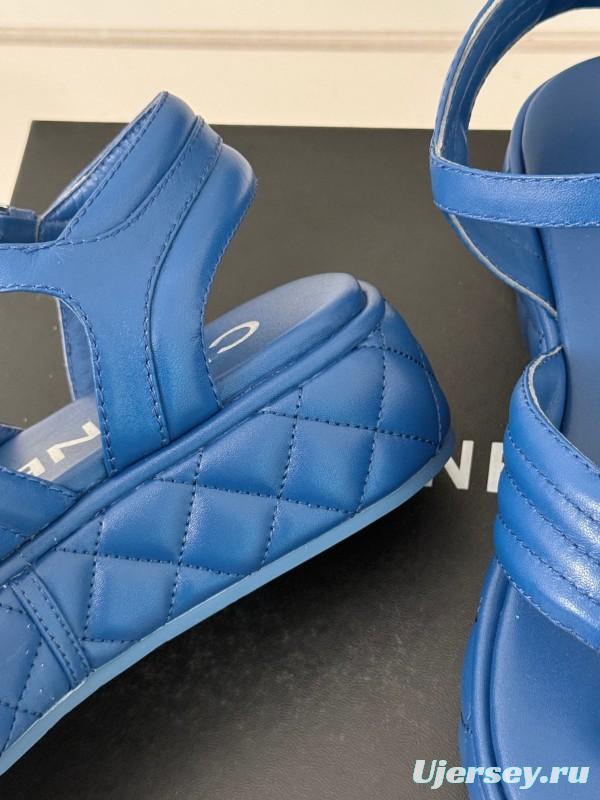 2025 Women Chanel Blue Leather Platform Sandals