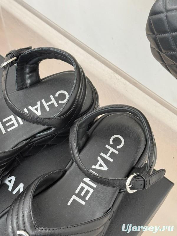 2025 Women Chanel Black Leather Sandals Platform