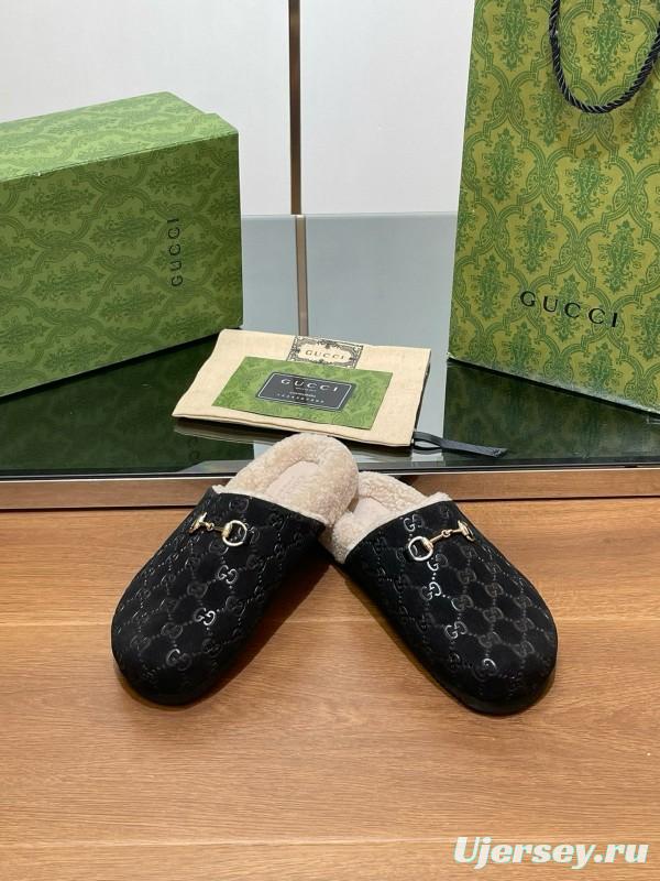 2024 Slippers Gucci Black Shearling GG Pattern
