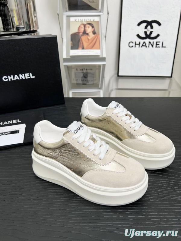 2025 Women Chanel Beige Gold Leather Suede Sneakers LY00290