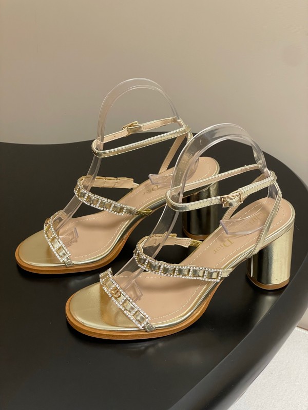 2025 Women Dior Gold Leather Crystal Block Heel Sandals