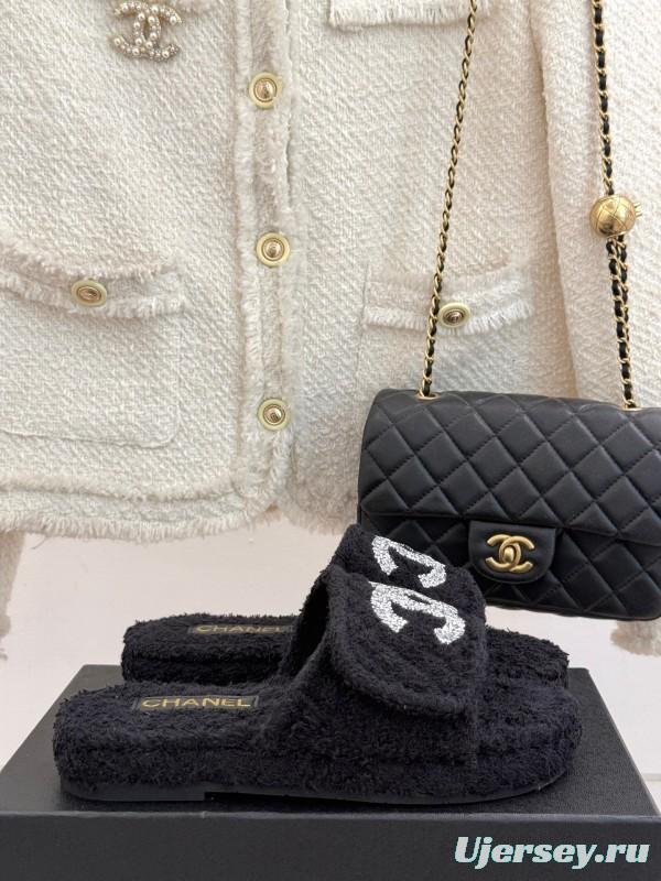 2025 Women Chanel Black Terry Cloth Slippers KFY00220