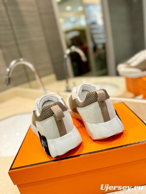 2024 Women Hermès beige white mesh leather sneakers