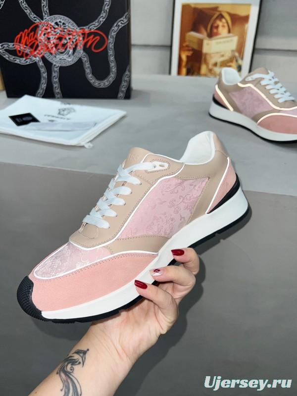 2025 Women VERSACE Pink Beige Suede Leather Sneakers Embroidery LY00320