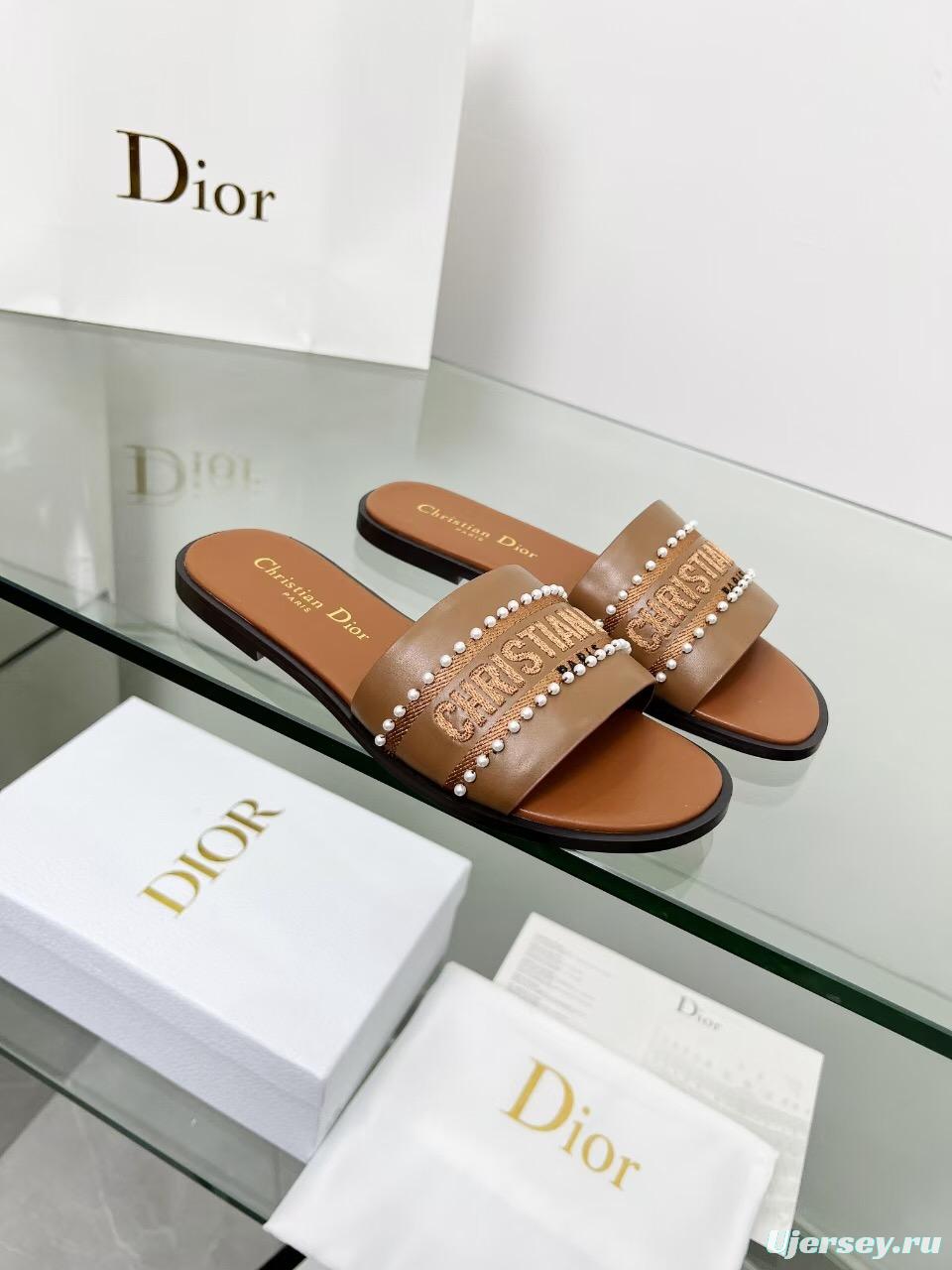 2025 Slippers Dior Brown Leather Women Slide Pearl LY00190