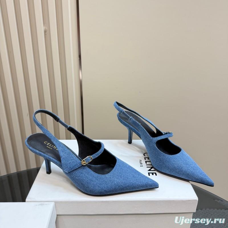 2025 Women CELINE Blue Denim Suede Slingback Pumps KFY00290