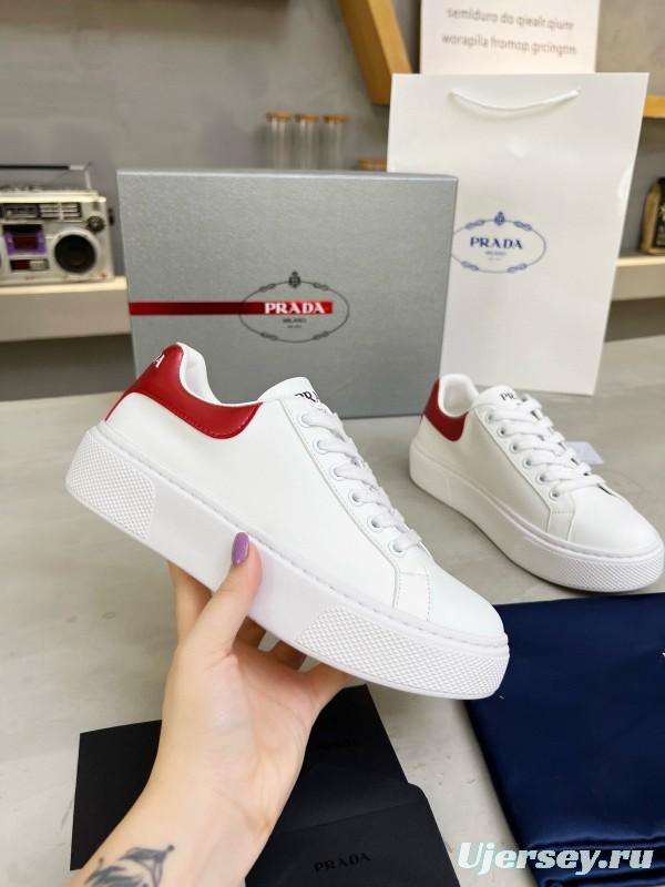 2024 Unisex Prada White Red Calfskin Silk Thick Sole Sneakers MJ00310