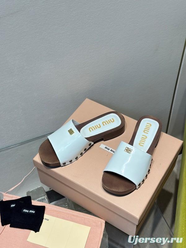 2025 Women Miumiu White Leather Slippers