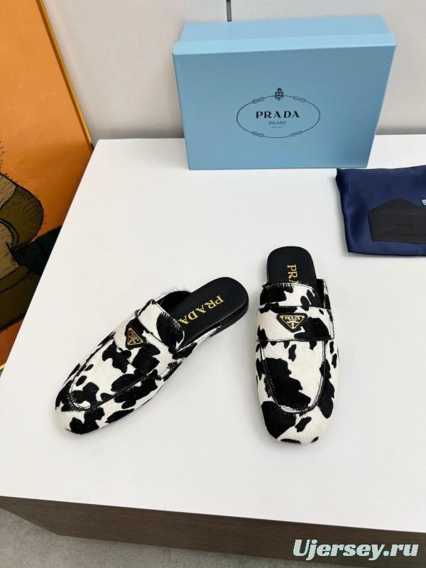 2025 Women Prada Black White Calf Hair Loafers LY00260