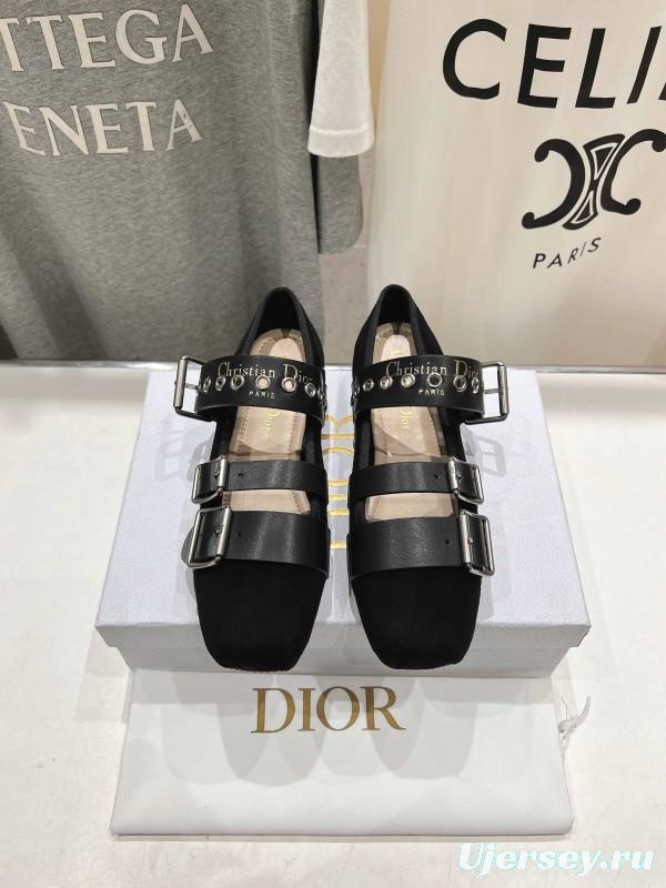 2025 Women Dior Black Leather Suede Mary Jane Buckle KFY00300