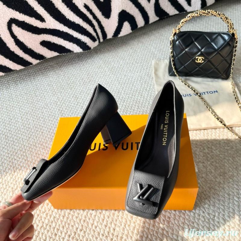2024 Women Louis Vuitton Black Leather Mid Heel Pumps