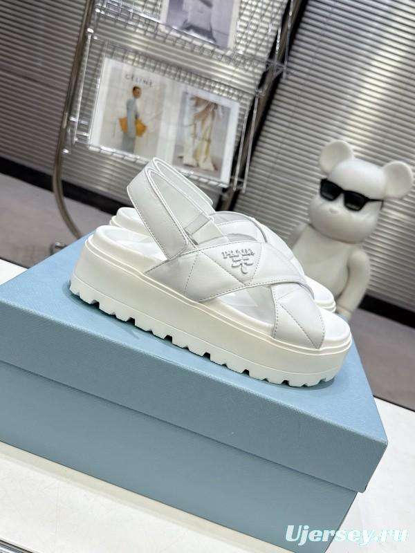 2025 Women Prada White Leather Sandals KFY00280