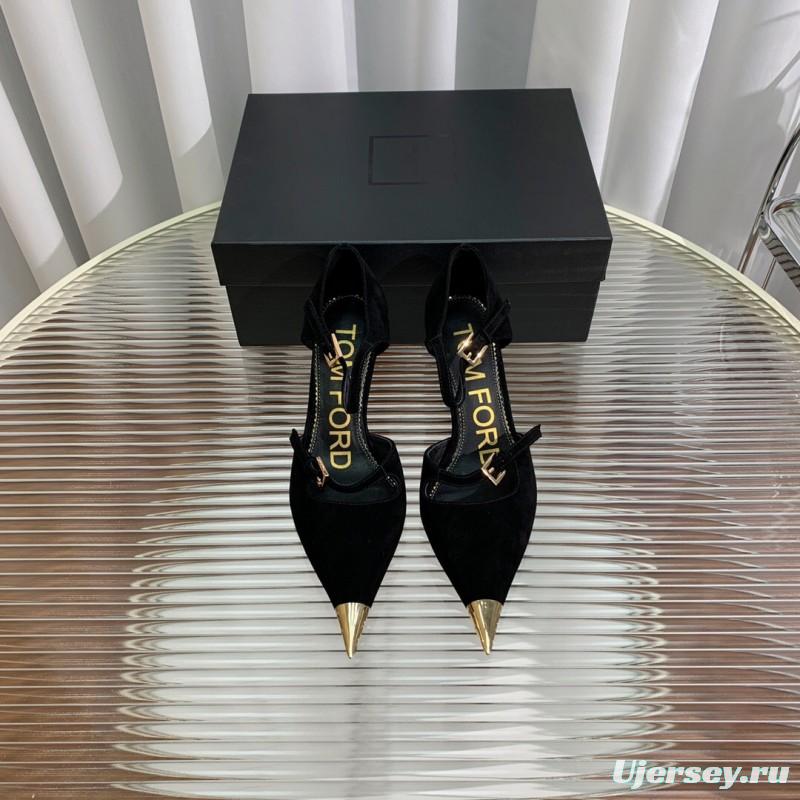 2025 Women TOM FORD Black Gold Suede Leather Pointed Pumps KFY00320