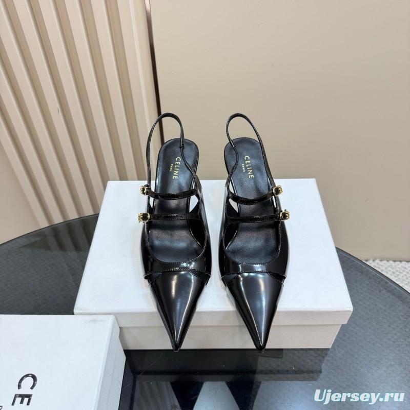 2025 Women CELINE Black Patent Leather Pointed Toe Slingback Heels