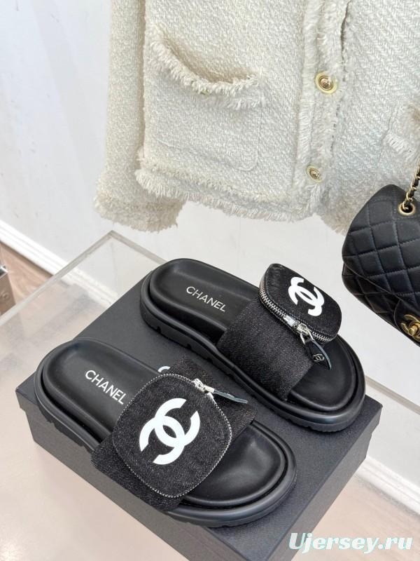 2025 CHANEL Black Fabric Slippers KFY00220