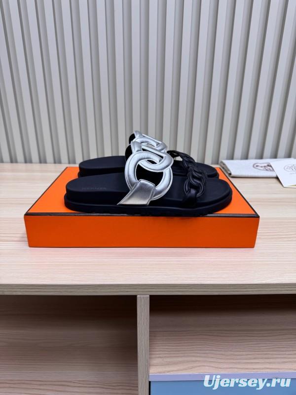 2025 Slippers Hermès Silver Black Leather Chain Decoration