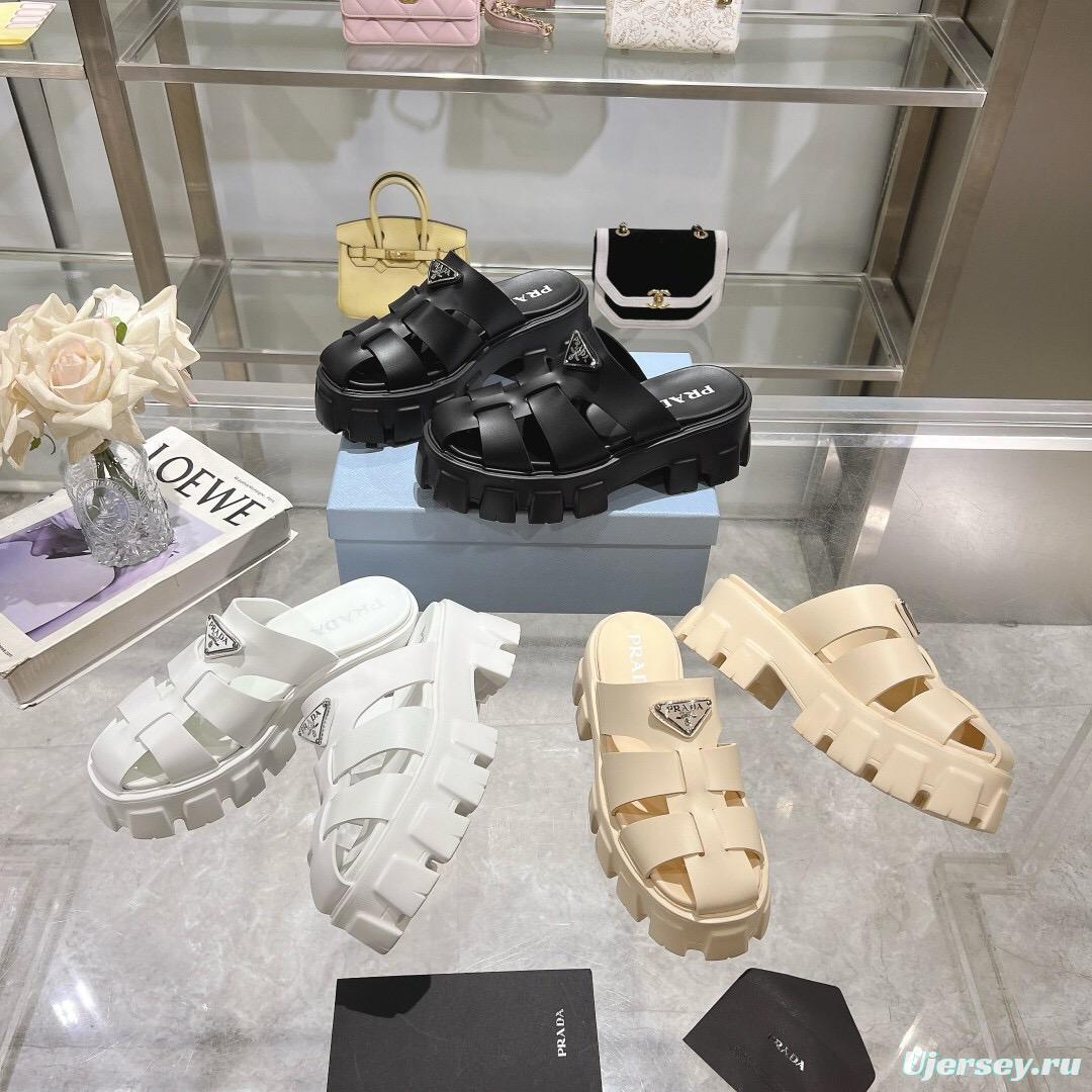 2025 Women Prada Beige Leather Platform Sandals LY00250