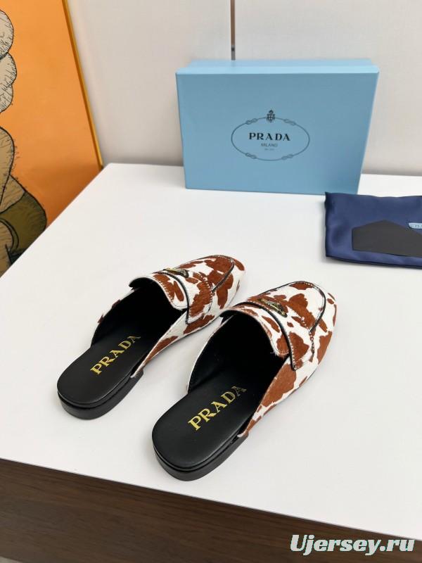 2025 Women Prada Brown White Calf Hair Leather Slippers LY00260