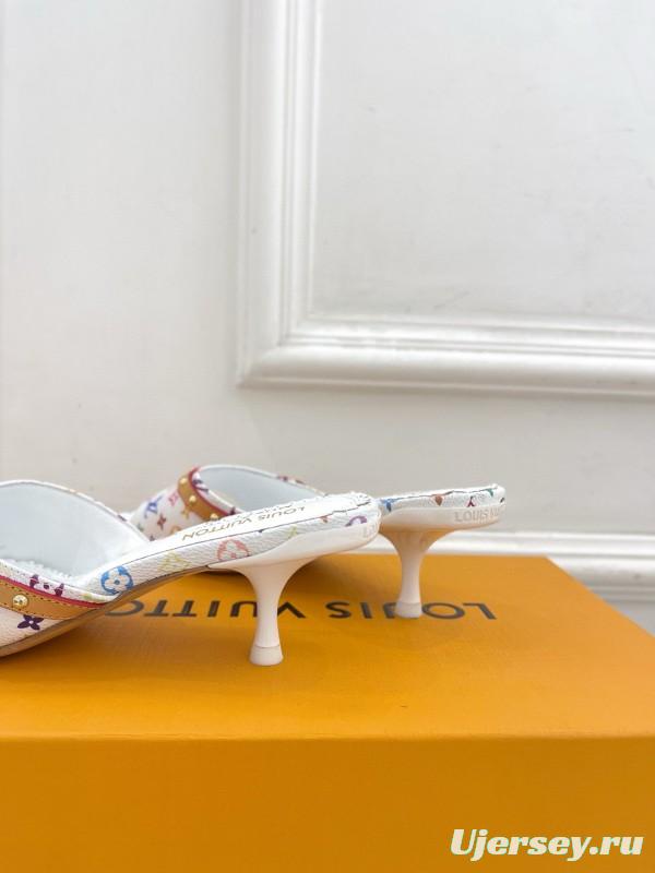 2025 Women Louis Vuitton White Rainbow Leather Slippers MJ00290
