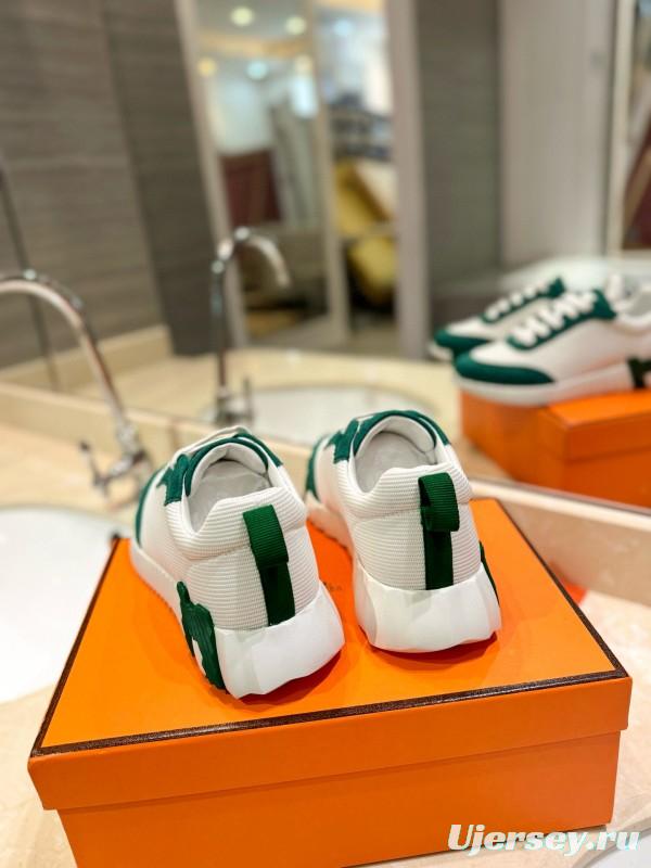 2024 Unisex Hermès White Green Mesh Suede Sneakers MJ00320