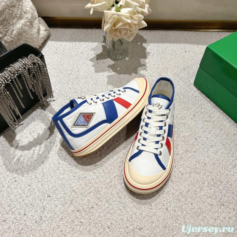 2025 Unisex Bottega Veneta White Blue Red Canvas Lambskin Sneakers Hand Painted LY00