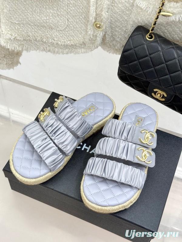 2025 Women Chanel Silver Leather Slippers KFY00230