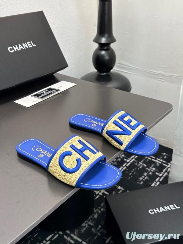 2025 Women CHANEL Blue Beige Canvas Slippers