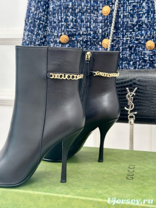 2024 Women Gucci Black Calfskin Leather Ankle Boots Chain MJ00410