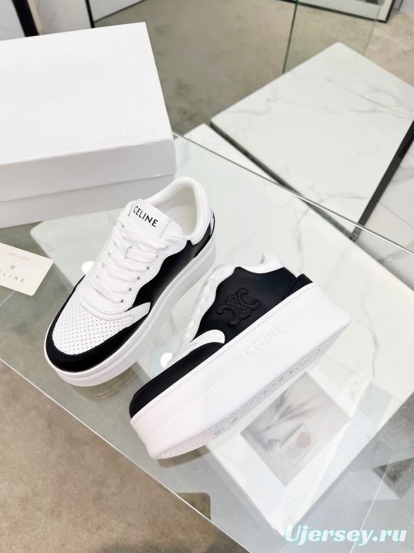 2025 Women Celine Black White Leather Platform Sneakers Block Triomphe LY00270