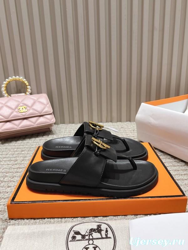 2025 Slippers Hermès Black Leather Slippers LY00270