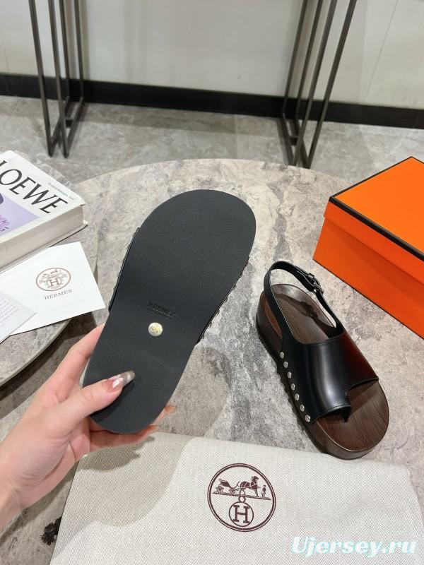 2025 Women Hermès Black Leather Sandals